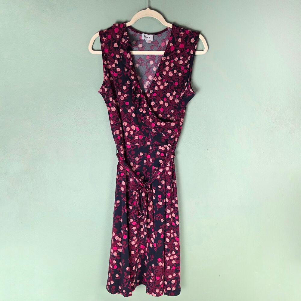 Leota Womens L Aneeka Floral Print Faux Wrap Jersey Sleeveless Dress Dark Purple